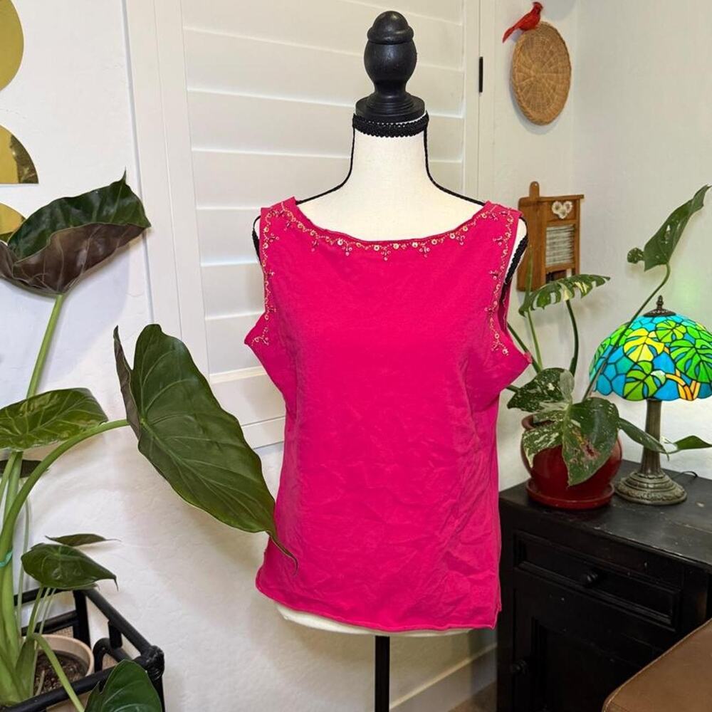 Vintage Y2K Liz Claiborne Hot Pink Beaded Sequin Tank Top L